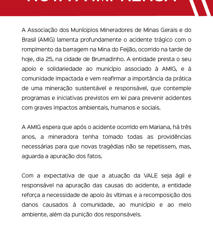Nota à imprensa – rompimento da barragem em Brumadinho